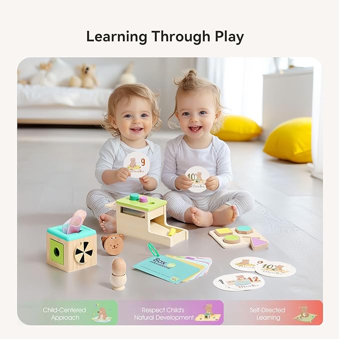 IEATFO Montessori Toys for Babies 9-12 Months, 7-in-1 Wooden Playful Learning Toys with Egg Cup, Castanets, Baby Tissue Box, Textured Shape Puzzle, Cylinder Drop Box and More, Stage-Based Toy