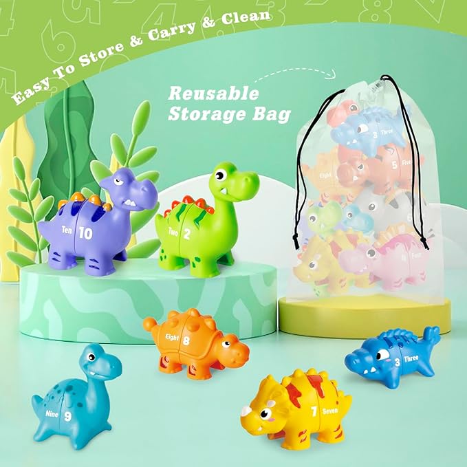 20PCS Dinosaur Number Matching Learning Toys for Toddlers 3-5, 10 Different Dinosaur Figures, Montessori Educational Toys Gifts for Boy Girl, Preschool Learning Activities, Double Sided Matching Game