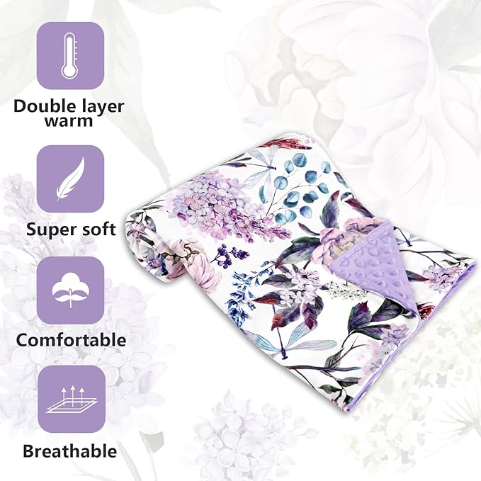 Purple Baby Blankets, Floral Minky Toddler Blanket for Boys Girls, Dotted Backing, Double Layer, Crib Receiving Blanket, for Nursery/Stroller/Toddler Bed/Carseat, 30 x 40 Inch