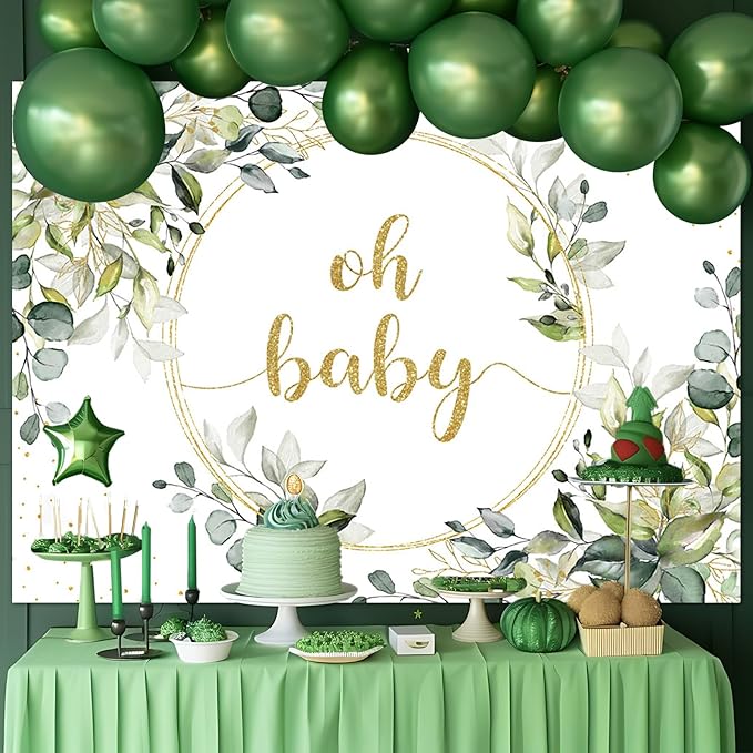 Mocsicka Greenery Baby Shower Backdrop Gold Oh Baby Background Green Eucalyptus Baby Shower Party Cake Table Decoration Banner Photo Booth Props (7x5ft)