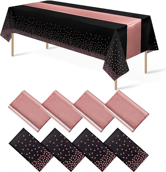 8Pack Disposable Plastic Tablecloths and Satin Table Runner Set Black and Rose Gold Dot Tablecloth Gold Satin Table Runner for Wedding Birthday Baby Shower Anniversary Christmas New Year Party Supply