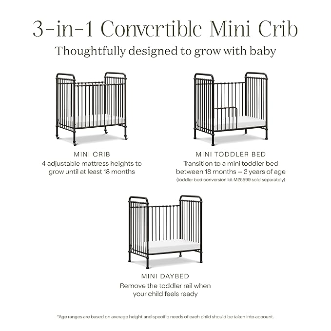 NAMESAKE Abigail 3-in-1 Convertible Mini Metal Crib in Vintage Iron, Greenguard Gold Certified