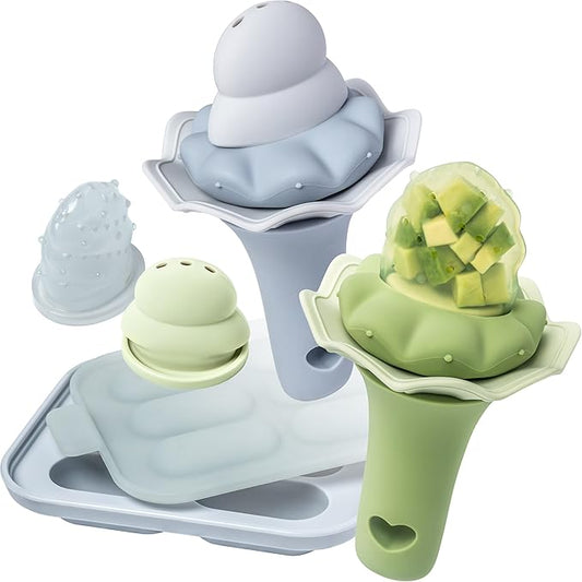 Moonkie Baby Fruit Feeder with Freezer Tray, Breastmilk Popsicle Molds for Teething Relief, BPA Free Silicone Food Feeder for Infant Self Feeding, Two Pouches, Baby Shower Gifts 4 Months+, 2 Pack