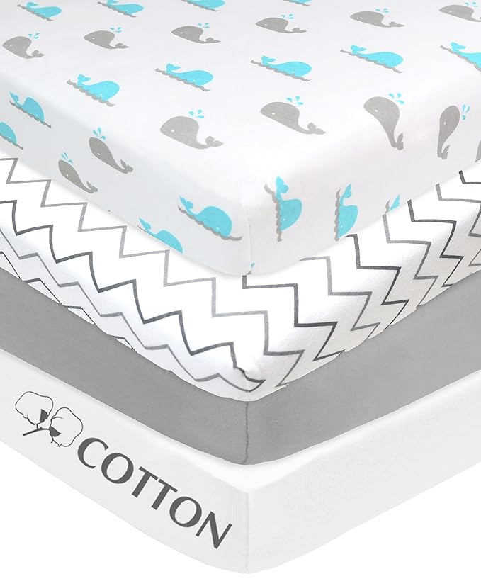 American Baby Company 4 Pack Fitted Crib Sheets 28" x 52", Soft Breathable Neutral 100% Cotton Jersey Sheet, Gray Zigzag/Aqua Whale/Gray/White, for Boys and Girls, Fits Crib and Toddler Bed mattresses