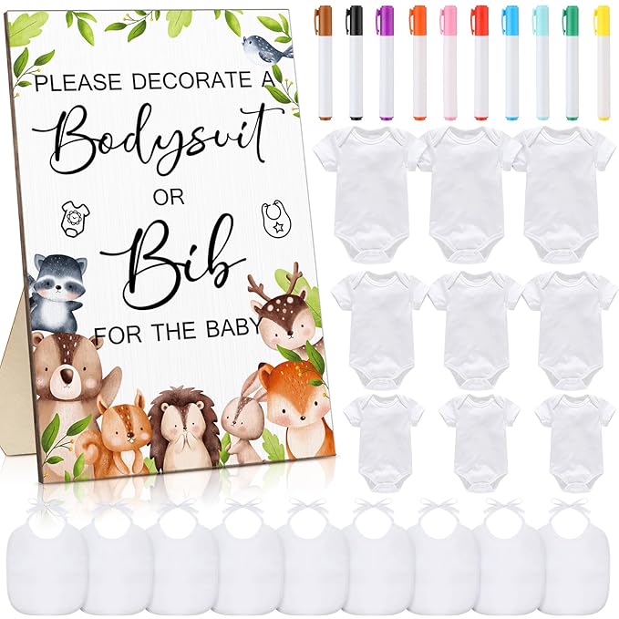 Roowest 35 Pcs Baby Shower Bibs Games Design Wooden Baby Shower Party Game Sign DIY Bodysuit Sign 15 White Blank Feeder Bibs 9 Newborn Bodysuit 10 Markers for Boys Girls (Animal)