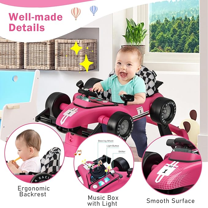 BABY JOY 4-in-1 Baby Walker, Foldable Activity Walker with Adjustable Height & Speed, Music, Lights, Steering Wheel, Comfy Seat Cushion, Activity Baby Push Walker for Boys Girls Aged 6 –18 (Pink)