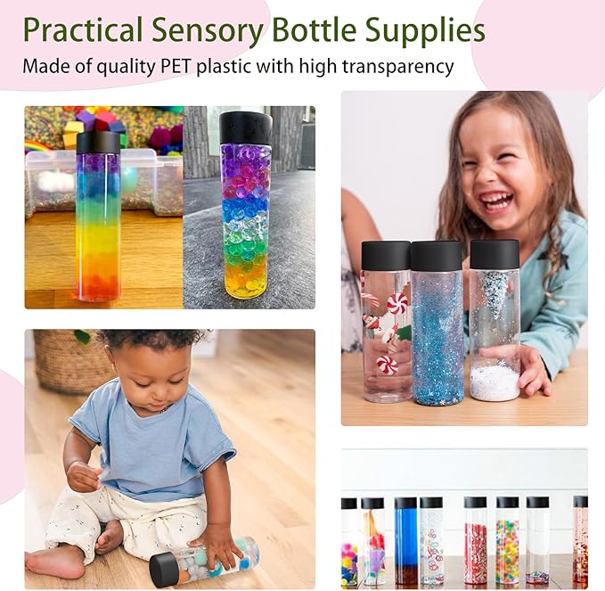 DI QIU REN 16 Pcs Clear Plastic Bottles Empty Sensory Bottles with Caps PET Plastic Juice Bottles Reusable Bulk Leakproof Drink Container Water Bottle for Juice Milk (Black Lid, 13.5 oz/ 400 ml)