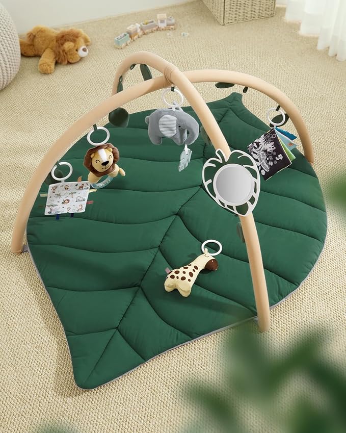 Blissful Diary Baby Play Gym & Activity Mat, Oversize Leaf Shaped Tummy Time Baby Play Mat w 6 Detachable Toys Promotes Motor Skills & Sensory Development, Newborn Infant Essentials Gift, Forest Green
