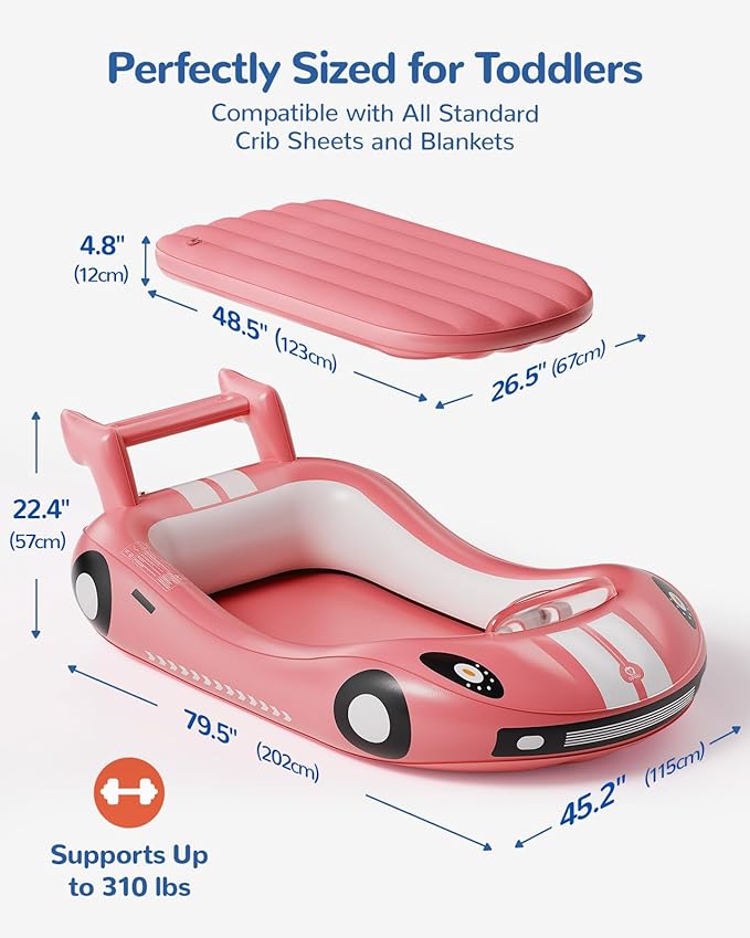 QPAU Inflatable Kids Bed, Toddler Travel Bed with Sides, for Camping, Traveling, Hotel, or Home Use, Hand Pump Included (Pink)