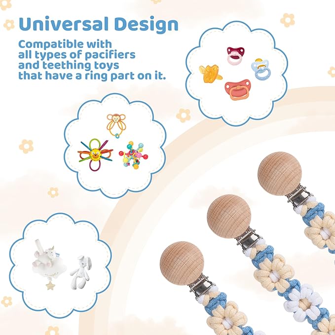 Pacifier Clip for Boys Girls Floral Daisy Macrame Baby Paci Clip Pacifier Holder Leash Boho Wooden Clips Handmade Braided Cotton Binky Clips (2pack:Daisy A & Blue Daisy B)