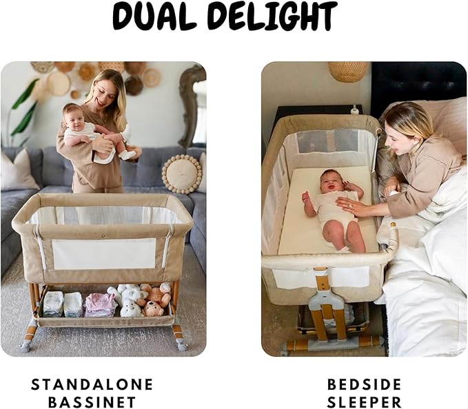 Baby Bassinet Bedside Sleeper 2 in 1 with Wheels, Arms Reach Co Sleeper with Mattress, Incline Option, 6 Adjustable Heights for Newborn to 6 Months Infant