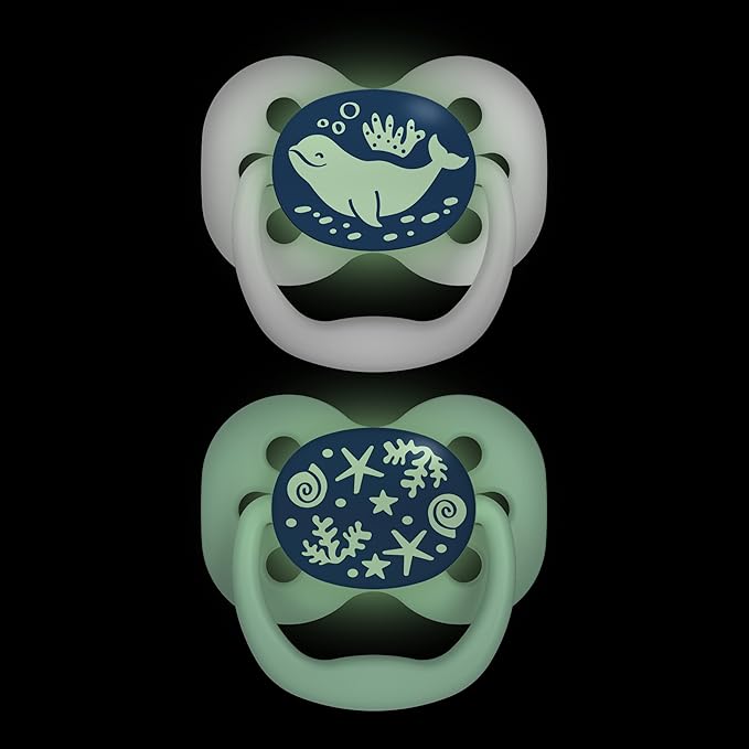 Dr. Brown's Advantage Glow-in-the-Dark Baby Pacifier, Fully Symmetrical Soother with Soft Silicone Bulb, Blue Sunrise-Blue Ocean, 0-6m, BPA Free, 4 Pack