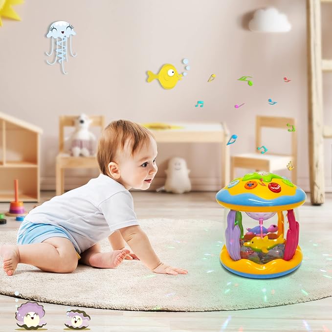 M SANMERSEN Baby Boys Toys 6-12 Months, Babies Ocean Rotating Lights Up Musical Toys for 0-6 12-18 Months Newborn Infant Crawling Tummy Time Toys 1 2 3 Baby Gifts - Blue