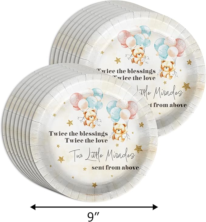 Birthday Galore Twin Teddy Bears Party Supplies - 64 Piece Twins Baby Shower Tableware Set Includes Large 9" Dinner Plates and 8" Dessert Paper Plates Napkins Cups - Kit for 16