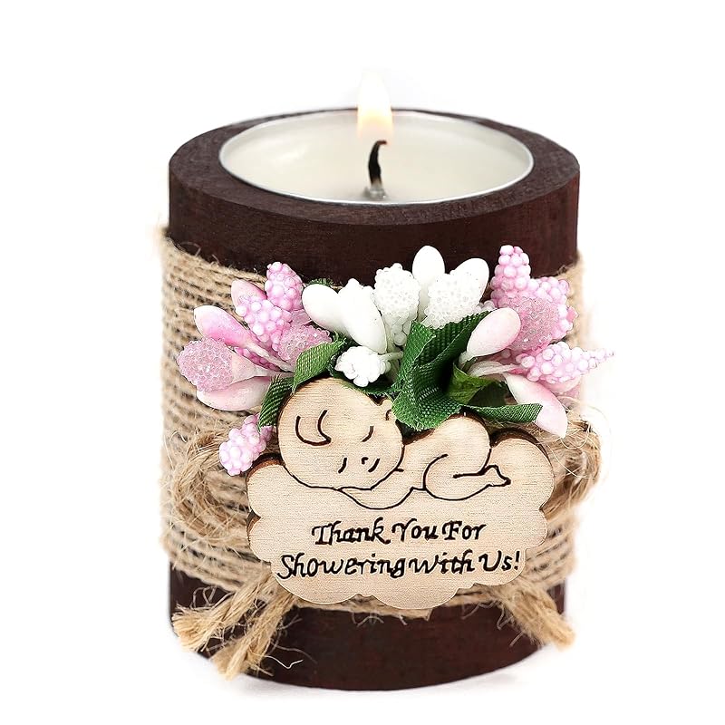 10 Handmade Wooden Tealight Candle Holders, Baptism Gifts, Baby Shower Party Favors for Guests, Gender Reveal Party Gifts, with Personalized Tags, Baby Girl gender reveal. (dark brown-pink)