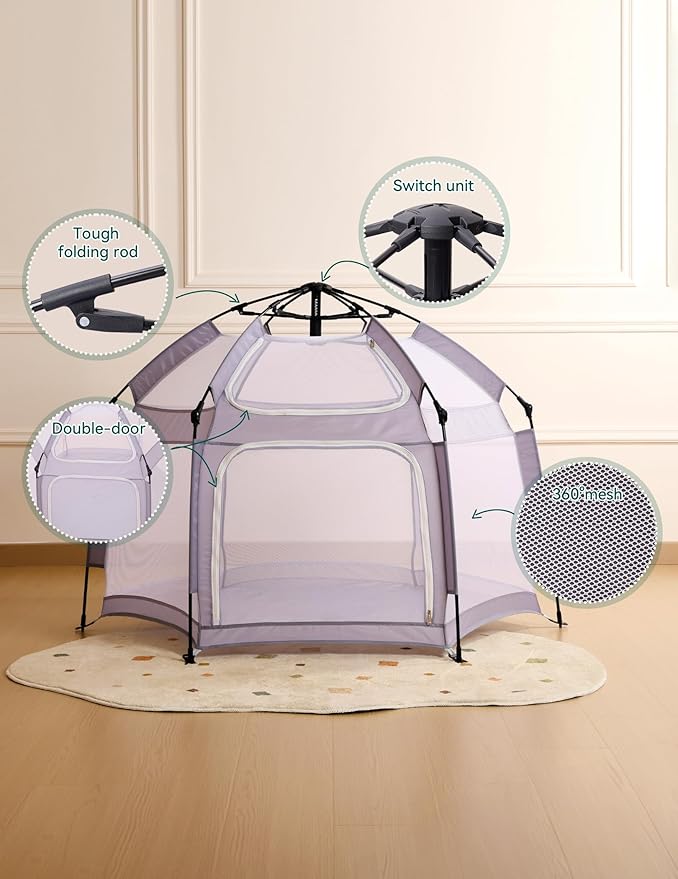 Babelio Pop up Baby Tent, Travel Playpen for Babies, Indoor and Outdoor, Portable/Foldable Play Yard W/Canopy, Travel/Nap, Sun Protection, One-Touch Storage- Light Grey