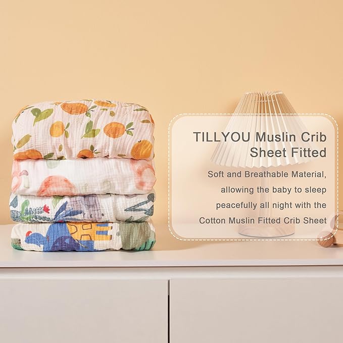 TILLYOU Muslin Crib Sheets for Boys and Girls 2 Pack, Neutral Soft Cotton Baby Crib Mattress Protector, for 52x 28 Toddler Bed, Rainforest Elephant & Grey