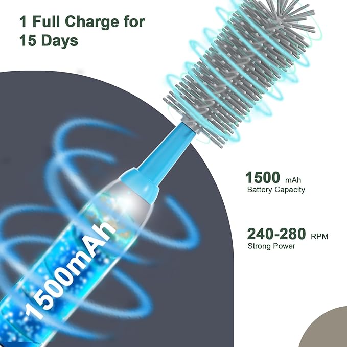 Electric Baby Bottle Brush Cleaner with Extended Handle & Drying Holder, Baby Bottle Brush Set with Silicone Bottle/Nipple/Crevice/Brush,Straw Cleaner,Lifesaver Automatic Bottle Cleaner,Gray
