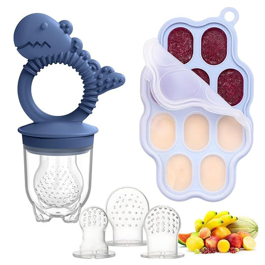 Baby Breastmilk Popsicle Molds & Baby Fruit Feeder Pacifier, Silicone Baby Food Freezer Tray Storage Containers for Infant Teething Self Feeding (1 Set)