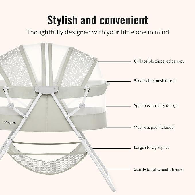Dream On Me Karley Bassinet in Cool Grey, Lightweight Portable Baby Bassinet, Quick Fold and Easy to Carry , Adjustable Double Canopy, Indoor and Outdoor Bassinet with Large Storage Basket.