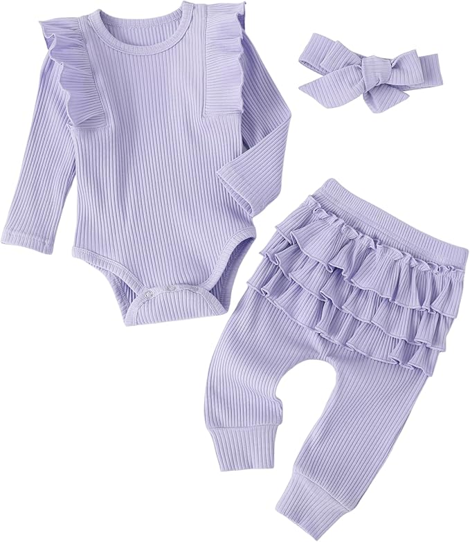 Fullfamous Baby Girl's 3pc Rib Frill Long Sleeve Romper and Pant Set