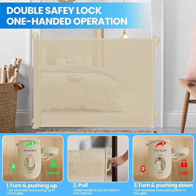 Retractable Safety Baby Gate or Mesh Dog Gate,Durable Portable Mesh Retractable Gate,Easy to Use for Stairs, Doorways, Hallways, Indoor, Outdoor, 33.5" Tall, Up to 55" Wide, Cream