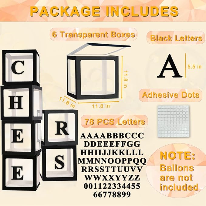Ledido Black Transparent Balloon Boxes With 78 Letters, Letter Box for Baby Shower Clear Baby Box Black Balloon Boxes for Birthday, Bridal Shower, Graduation Prom Party Decoration, 6 PCS
