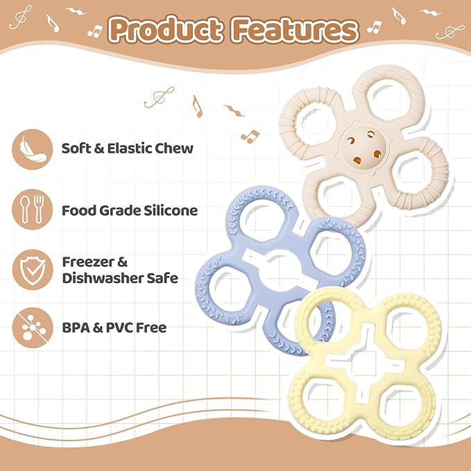 Baby Teething Toys 3 in 1 Silicone Teethers - BPA Free Food Grade Silicone Teething Ring Rattle Toys for Babies 3-6 Months 6-12 Months, Soft & Easy Hold, Baby Chew Toy for Toddlers (Yellow)