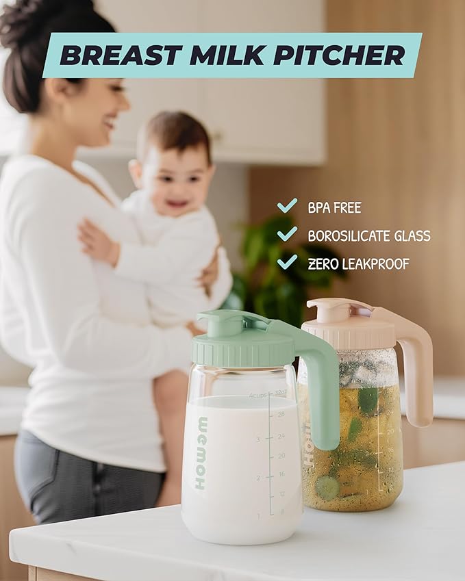 32oz Breast Milk Pitcher, 3X-Thick Heat & Cold Resistant Borosilicate Glass, Leakproof Breat Milk Fridge Storage Container with Wide Mouth & Ergo Grip, Dishwasher Safe, Fast Baby Formula Maker(Pink)