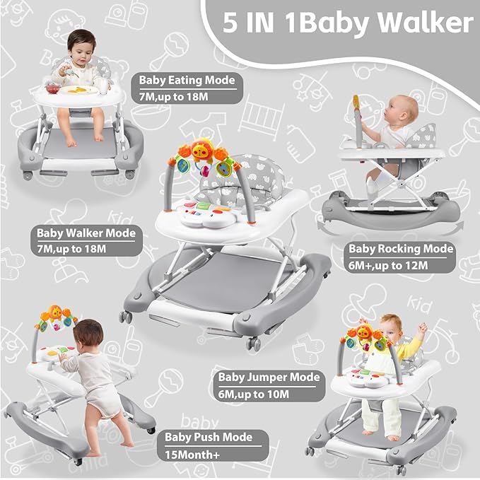 Baby Walker, 5 in 1 Baby Walkers for Boys Girls 6-12 Months, Foldable Walkers for Babies with Bouncer & Feeding Tray, Music, Adjustable Heights, Activity Walker for Infant