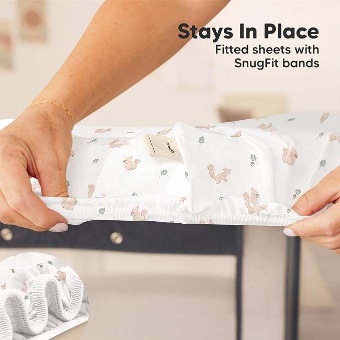 2-Pack Mini Crib Sheets Fitted - 38x26 Pack N Play Sheets for Pack and Play Mattress, Organic Cotton, Soft & Breathable Playard Bedding, Neutral Mini Toddler Bed Cover for Boys, Girls (Nibbles/Bruce)