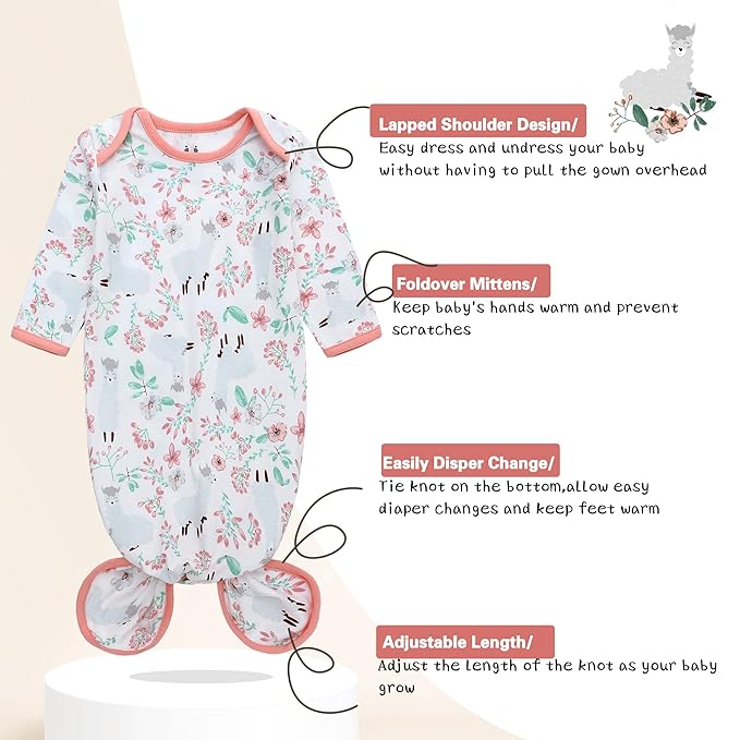 Miracle Baby Newborn Knotted Gown with Hat Set, 3 Pack Newborn Nightgowns, Baby Sleeper Gowns with Mitten Cuffs for Boys Girls 6-12 Months