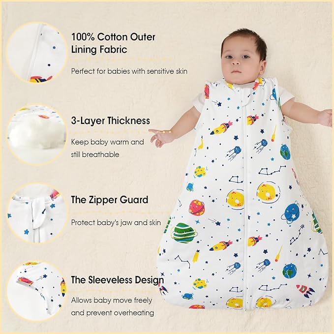 PHF 100% Cotton Baby Sleep Sack 0-6 Months, 2.5 TOG Winter Baby Wearable Blanket with 2-Way Zipper, Warm Comfy Quilted Sleeping Bags, Infant Sleeping Sack for Newborn Boys, Small Size, Space