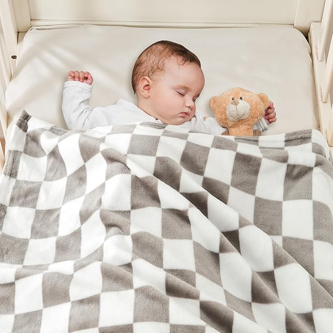 Yurhap Checkered Baby Blanket Fleece Baby Blankets Neutral for Boys Girls, Super Soft Warm Lightweight Infant Toddler Newborn Receiving Gifts for Crib Stroller, 30x40 Inch, Greige