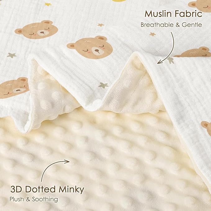 Bear Baby Blankets for Boys Girls, Soft Nursery Minky Blankets with Muslin and Dotted Fleece Back 30x40 inches, Receiving Bed Quilt for Newborn, Infants, Toddlers