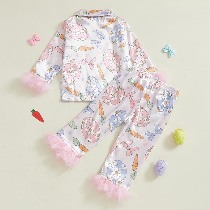 Toddler Kids Baby Girl Solid Pjs Ruffle Long Sleeve Button Shirt Top and Pants Cotton 2Piece Pajamas Set