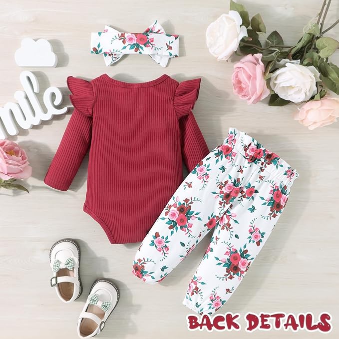 Baby Girl Clothes Newborn Infant Outfits Ruffle Romper+ Floral Pants + Cute Headband Sets for Girls