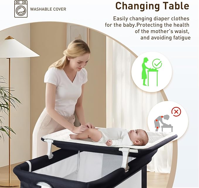4 in 1 Bedside Bassinet for Baby, Portable Bassinets with Wheels, Baby Crib with Changing Station, Mattress Included and Storage, Foldable Travel Bassinet for Infant/Newborn- Black- Half Mesh