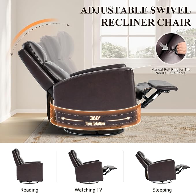 COLAMY Recliner Chair, PU Leather 360° Swivel Rocker Recliner, Nursery Glider Recliner with Ergonomic High Backrest and Upholstered Deep Seat for Living Room, Bedroom, Color Chocolate
