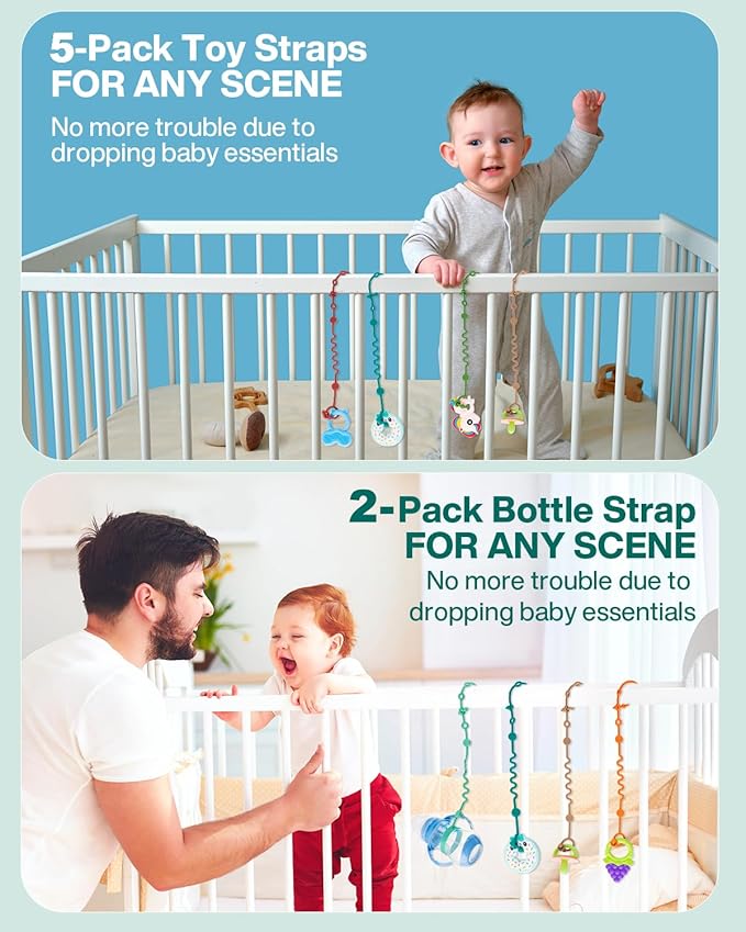 Toy Straps for Baby, Adjustable Toy Holder for Stroller Accessories, Silicone Baby Tether Pacifier Clip, No Throw Baby Travel Essential Leash for High Chair, Car Seat (7- Pack)