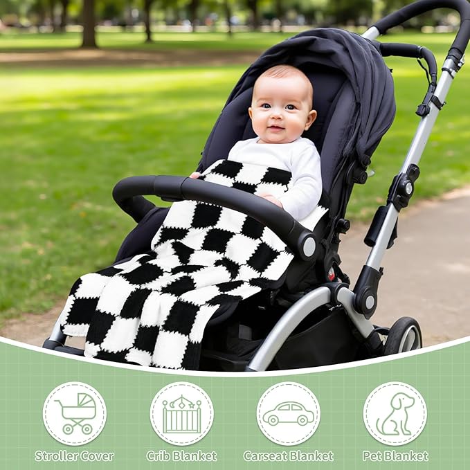 Checkered Baby Blanket for Boys, 2 Pack Soft Baby Boy Blankets, Small 28 x 40 inches Toddler Fleece Blanket, Essentials Crib Stroller Items, Newborn Gift (Black)