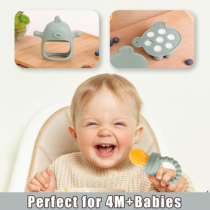Baby Fruit Feeder & Breastmilk Popsicle Mold Set – 3 Pack Silicone Teething Relief Kit with Food Feeder Pacifier, Freezer Tray with Lid & Baby Teether Toy (Pea Green)