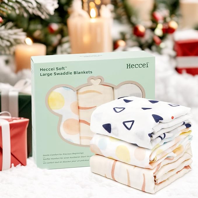 HECCEI Muslin Swaddle Blankets - 3 Pack Baby Muslin Blanket Large Swaddles 47 x 47 inches Breathable & Soft Baby Receiving Blanket Gender Neutral for Newborn Boys Girls, Aqua Dreams