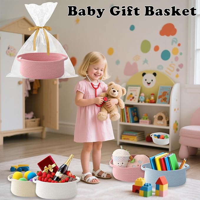 Gift Basket with Gift Bag and Ribbons,Small Rope Woven Shelf Storage,Baskets for Gifts Empty,Birthday,Shower,Decorative Organizer Box for Cat Dog Pet with Handles(Pink)