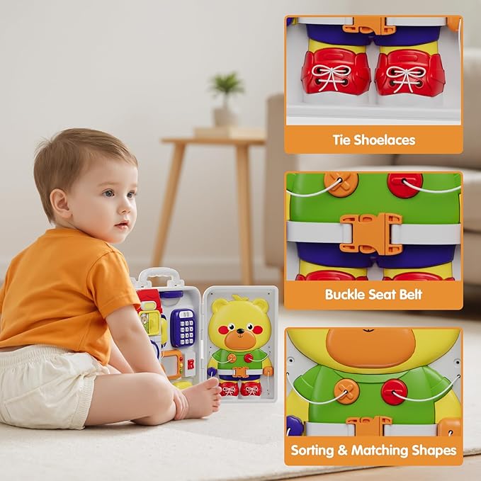 Busy Board for 1+ Year Old, Montessori Sensory Board for Toddlers, Bilingual Learning Toy Travel Musical Birthday Gift for Baby Boys Girls Ages 2 3 4