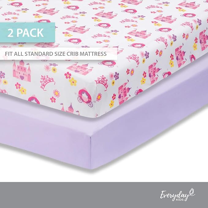 Everyday Kids 2 Pack Fitted Girls Crib Sheet, 100% Soft Breathable Polyester Baby Sheet, Fits Standard Size Crib Mattress 28in x 52in, Nursery Sheet - Princess/Lavender