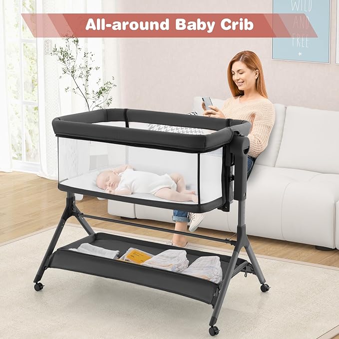 BABY JOY Bassinet, 3 in 1 Rocking Bedside Bassinet w/Storage Basket, Universal Wheels, Adjustable Height, Mattress, Net & Portable Bag, Carriable Crib Baby Bassinets Bedside Sleeper (Gray)