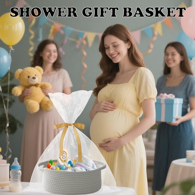 3 Pack Gift Basket with Gift Bag and Ribbons,Small Rope Woven Shelf Storage,Baskets for Gifts Empty,Birthday,Shower,Decorative Organizer Box for Cat Dog Pet with Handles(Grey)
