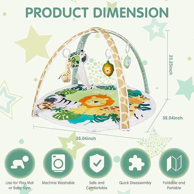 Activity Gym, Baby Play Gym Mat for Toddlers, 0-18 Months Tummy Time Play Mats, Infant Play Gym with Detachable Toys for Sensory Exploration and Motor Skill Development, PM2408