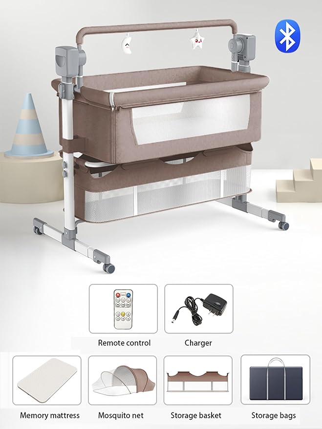 Electric Bluetooth Smart Next to Me Crib, Bassinet Cradle with Lullaby Music, Baby Bedside Crib for Newborn, Baby Co-Sleeper Cot with Mattress, Remote and 5 Swaying Gears(MG601-Khaki)